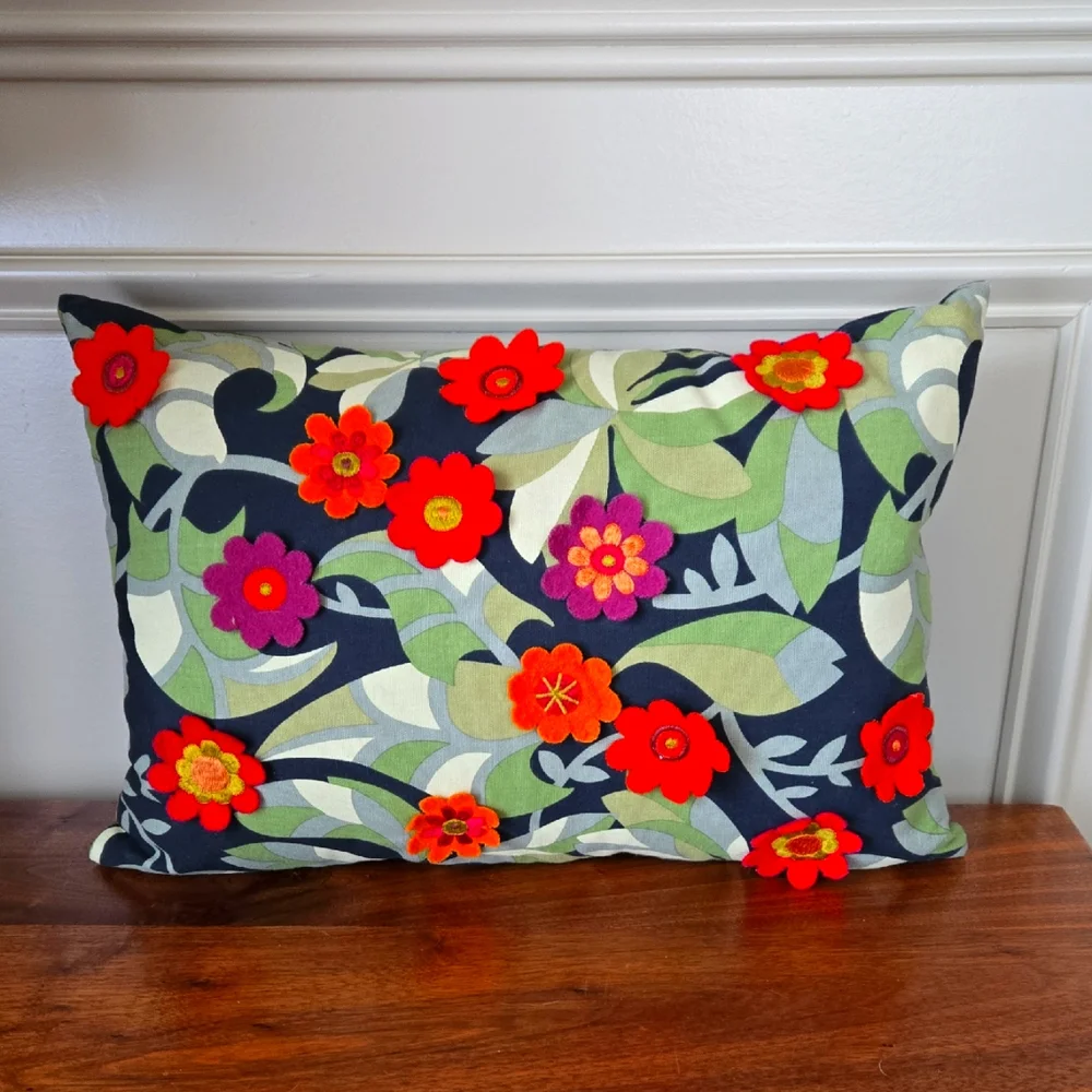 Crate & Barrel Mariza Lumbar Pillow 12x18” Floral appliqués Embroidery